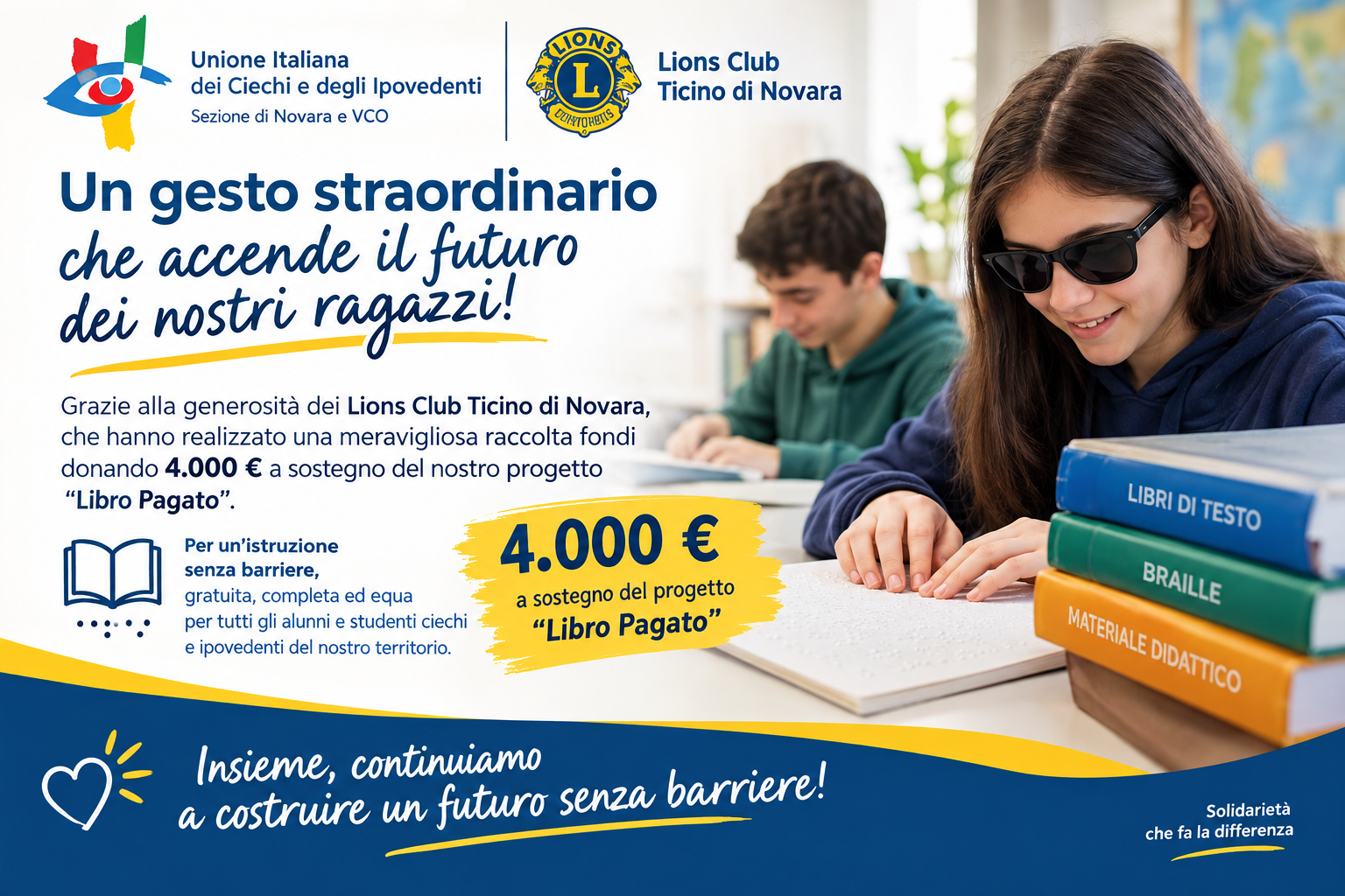 Donazione Lions Club Ticino di Novara per il progetto Libro Pagato